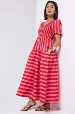 Women Scamp & Dude Red with Pink Stripe Puff Sleeve Maxi Dress