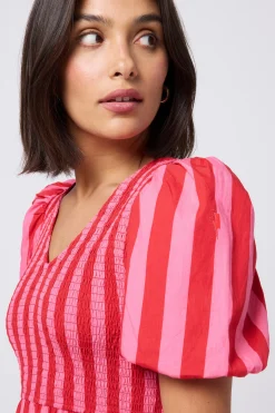 Women Scamp & Dude Red with Pink Stripe Puff Sleeve Maxi Dress