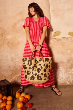 Women Scamp & Dude Red with Pink Stripe Puff Sleeve Maxi Dress