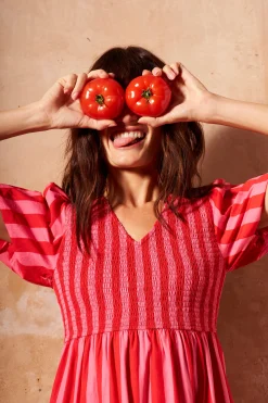 Women Scamp & Dude Red with Pink Stripe Puff Sleeve Maxi Dress