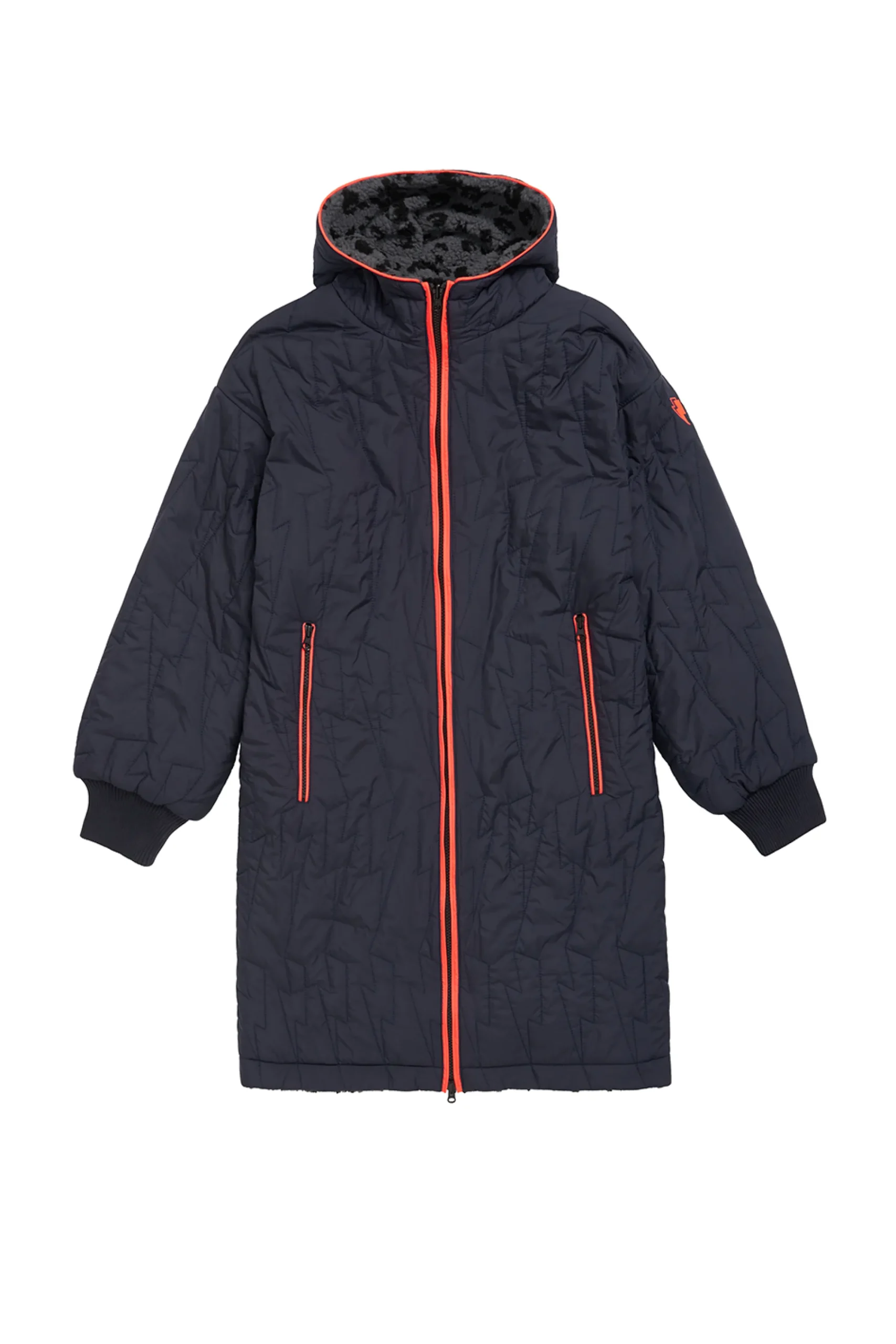 Women Scamp & Dude Reversible Quilted Navy Lightning Bolt and Grey with Black Leopard Borg Coat