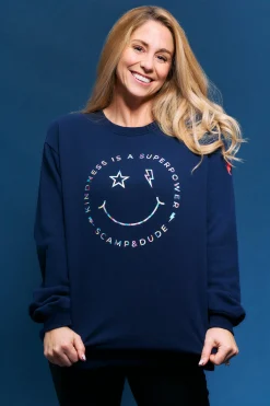 Women Scamp & Dude Scamp & Dude x Style For Stroke Navy with Rainbow Foil Smiley Face Charity Oversized Sweatshirt