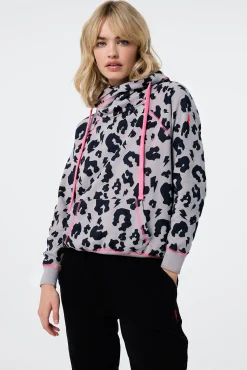 Women Scamp & Dude Stone Grey with Black Leopard Cowl Neck Hoodie