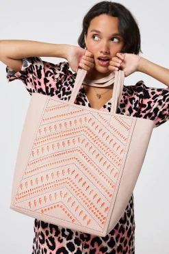 Women Scamp & Dude Taupe with Neon Coral Lightning Bolt Laser Cut Tote Bag