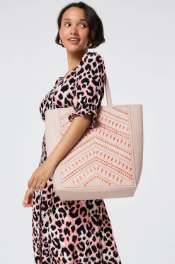 Women Scamp & Dude Taupe with Neon Coral Lightning Bolt Laser Cut Tote Bag