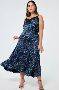 Women Scamp & Dude Teal with Rainbow Shadow Leopard Satin High Low Hem Skirt