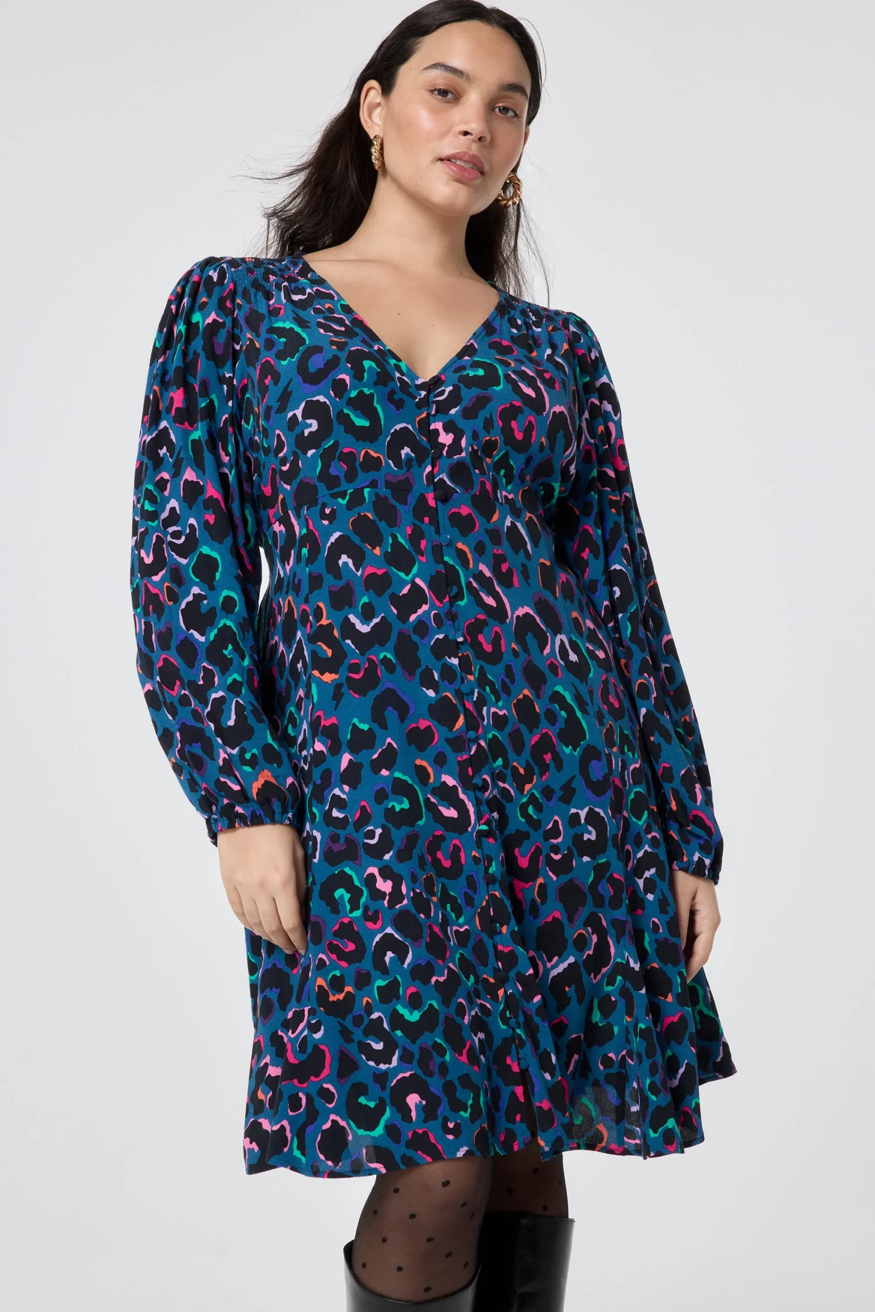 Women Scamp & Dude Teal with Rainbow Shadow Leopard Blouson Sleeve Godet Short Dress