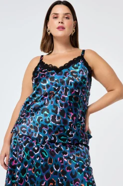 Women Scamp & Dude Teal with Rainbow Shadow Leopard Lace Trim Satin Cami Top