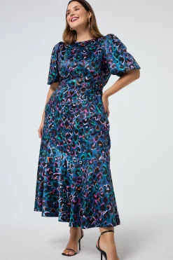 Women Scamp & Dude Teal with Rainbow Shadow Leopard Puff Sleeve Midi Dress