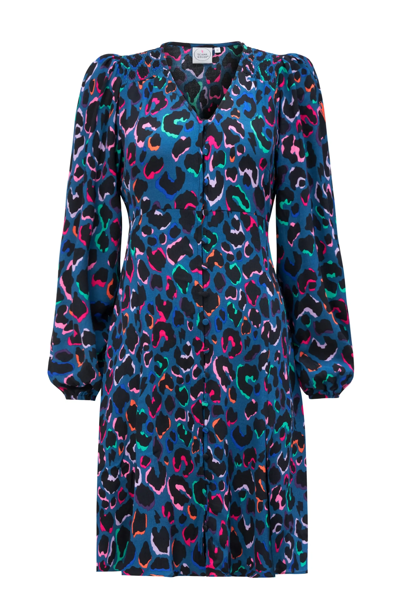 Women Scamp & Dude Teal with Rainbow Shadow Leopard Blouson Sleeve Godet Short Dress
