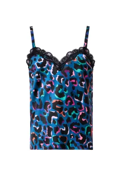 Women Scamp & Dude Teal with Rainbow Shadow Leopard Lace Trim Satin Cami Top
