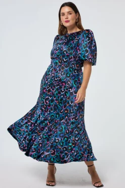 Women Scamp & Dude Teal with Rainbow Shadow Leopard Puff Sleeve Midi Dress