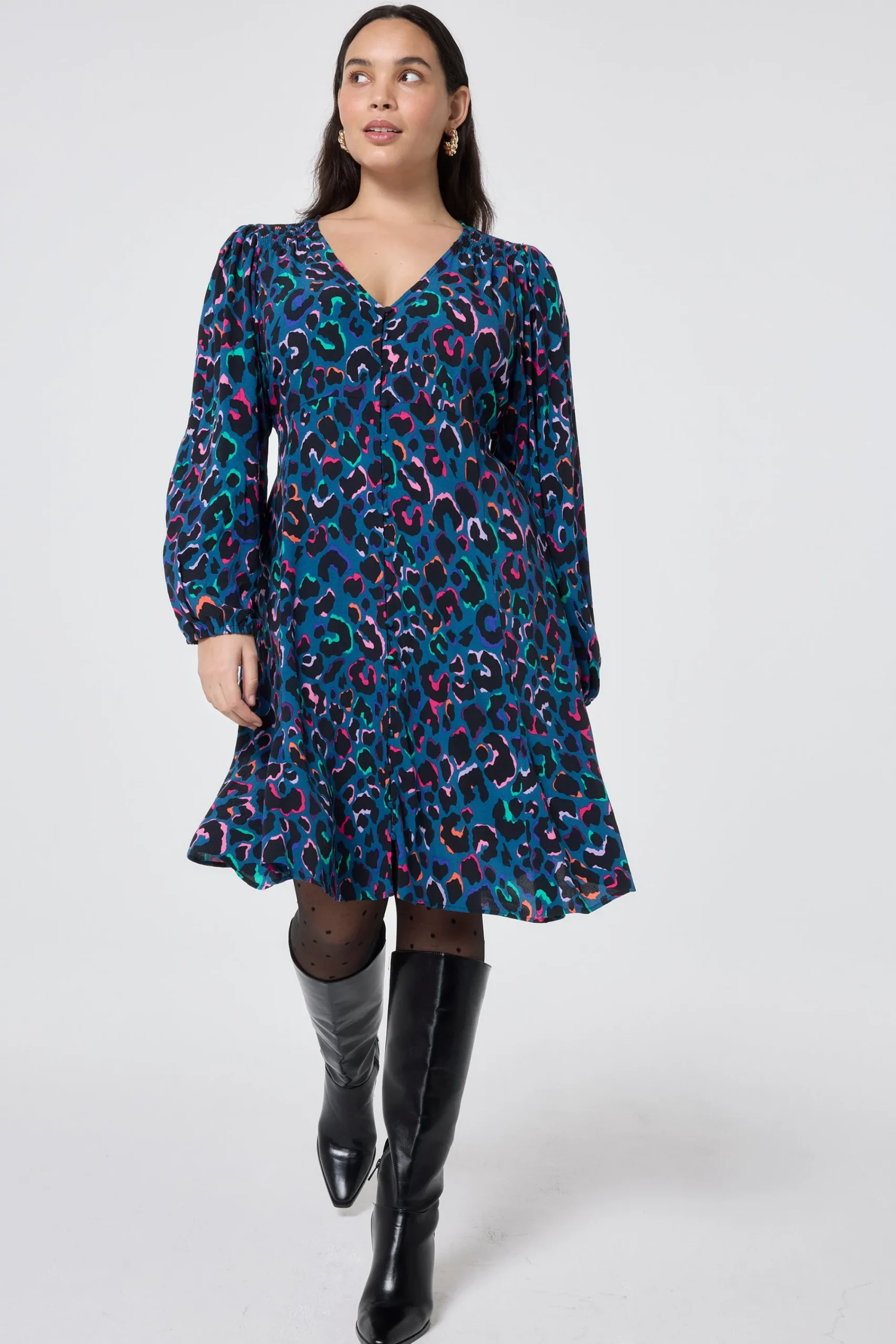 Women Scamp & Dude Teal with Rainbow Shadow Leopard Blouson Sleeve Godet Short Dress