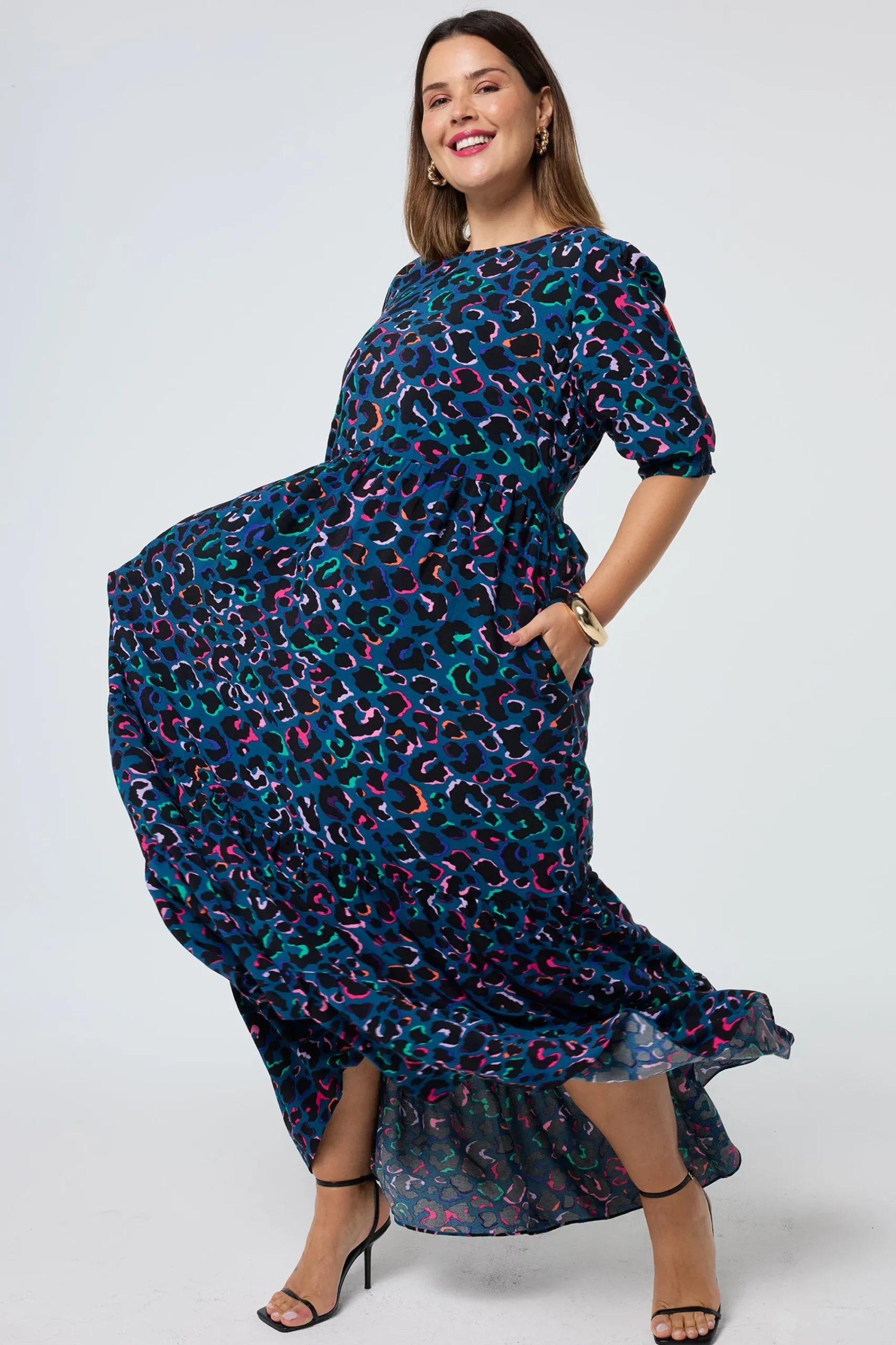 Women Scamp & Dude Teal with Rainbow Shadow Leopard Maxi Dress