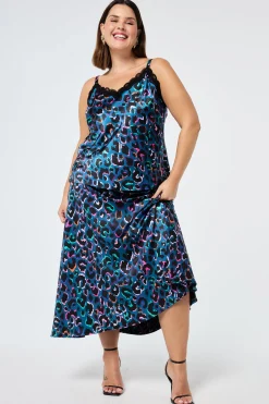 Women Scamp & Dude Teal with Rainbow Shadow Leopard Satin High Low Hem Skirt