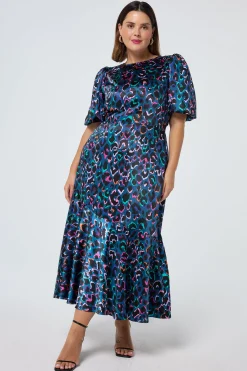 Women Scamp & Dude Teal with Rainbow Shadow Leopard Puff Sleeve Midi Dress