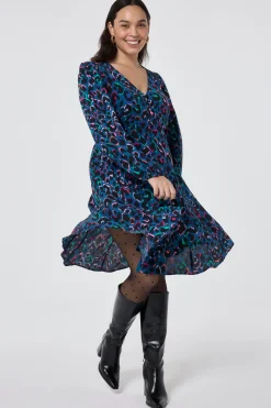 Women Scamp & Dude Teal with Rainbow Shadow Leopard Blouson Sleeve Godet Short Dress