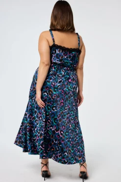 Women Scamp & Dude Teal with Rainbow Shadow Leopard Satin High Low Hem Skirt