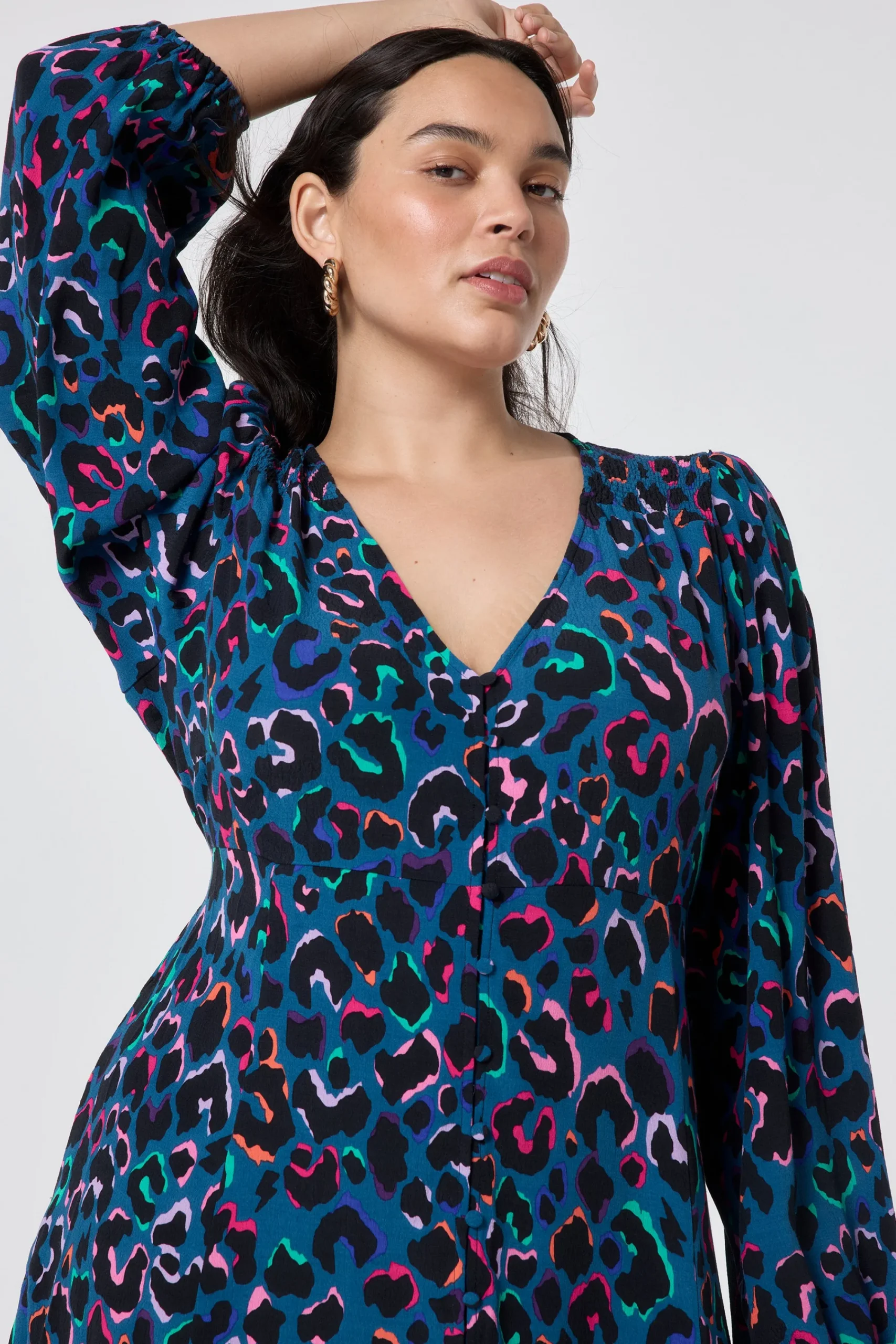 Women Scamp & Dude Teal with Rainbow Shadow Leopard Blouson Sleeve Godet Short Dress