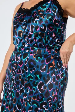 Women Scamp & Dude Teal with Rainbow Shadow Leopard Satin High Low Hem Skirt