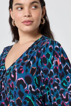 Women Scamp & Dude Teal with Rainbow Shadow Leopard Blouson Sleeve Godet Short Dress