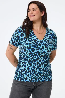 Women Scamp & Dude Turquoise with Black and Blue Shadow Leopard V-Neck T-Shirt