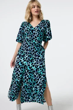 Women Scamp & Dude Turquoise with Black and Blue Shadow Leopard Puff Sleeve Midi Tea Dress