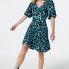 Women Scamp & Dude Turquoise with Black and Blue Shadow Leopard Puff Sleeve Short Tea Dress