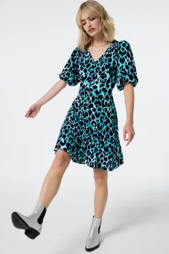 Women Scamp & Dude Turquoise with Black and Blue Shadow Leopard Puff Sleeve Short Tea Dress