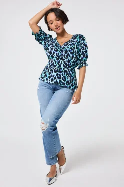 Women Scamp & Dude Turquoise with Black and Blue Shadow Leopard Button Through Blouse