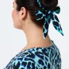 Women Scamp & Dude Turquoise with Black and Blue Shadow Leopard Surplus Fabric Bow Scrunchie