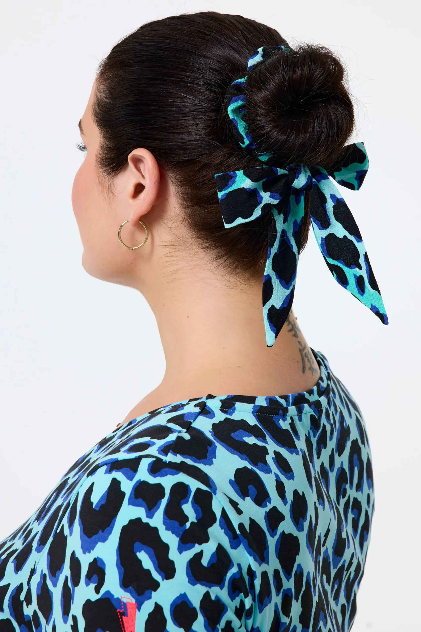 Women Scamp & Dude Turquoise with Black and Blue Shadow Leopard Surplus Fabric Bow Scrunchie