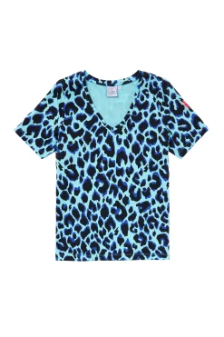 Women Scamp & Dude Turquoise with Black and Blue Shadow Leopard V-Neck T-Shirt