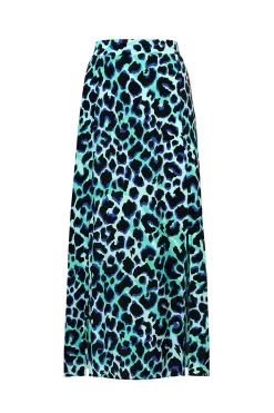 Women Scamp & Dude Turquoise with Black and Blue Shadow Leopard Split Front Skirt