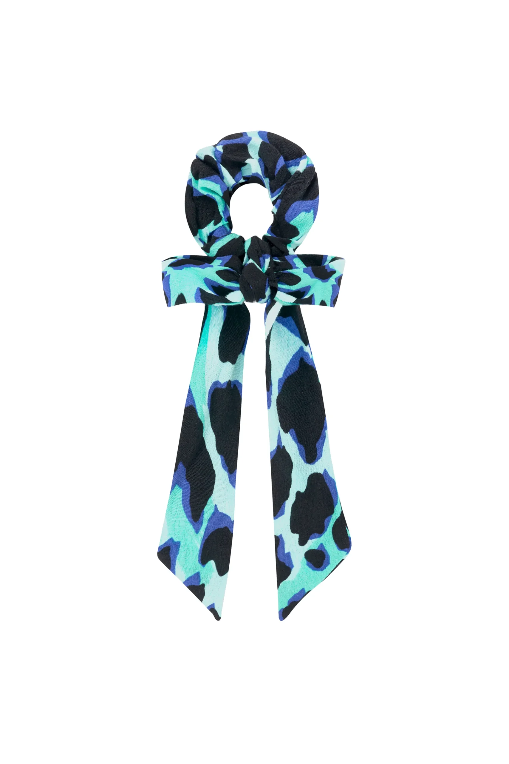 Women Scamp & Dude Turquoise with Black and Blue Shadow Leopard Surplus Fabric Bow Scrunchie