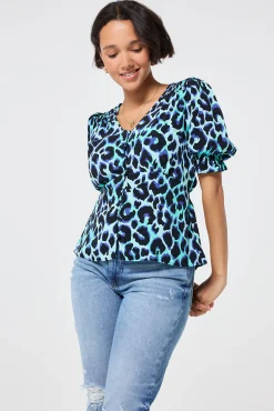 Women Scamp & Dude Turquoise with Black and Blue Shadow Leopard Button Through Blouse