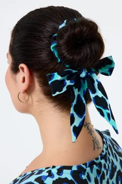 Women Scamp & Dude Turquoise with Black and Blue Shadow Leopard Surplus Fabric Bow Scrunchie