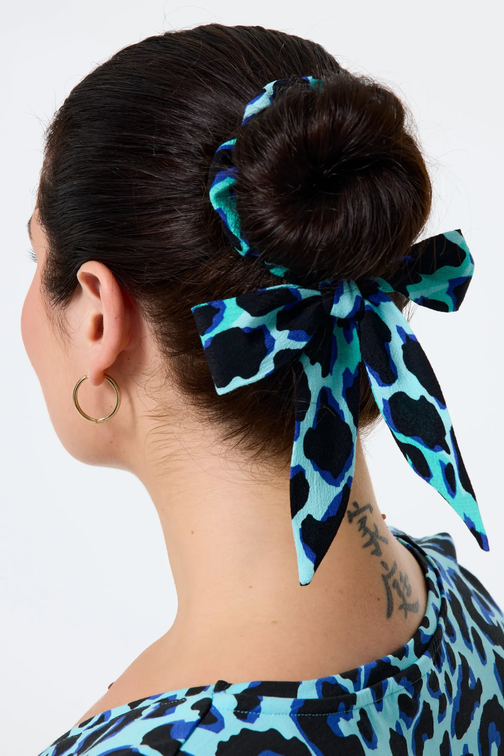 Women Scamp & Dude Turquoise with Black and Blue Shadow Leopard Surplus Fabric Bow Scrunchie