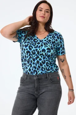 Women Scamp & Dude Turquoise with Black and Blue Shadow Leopard V-Neck T-Shirt