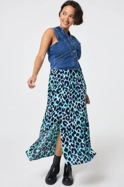 Women Scamp & Dude Turquoise with Black and Blue Shadow Leopard Split Front Skirt