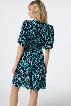 Women Scamp & Dude Turquoise with Black and Blue Shadow Leopard Puff Sleeve Short Tea Dress