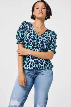 Women Scamp & Dude Turquoise with Black and Blue Shadow Leopard Button Through Blouse