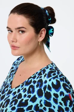 Women Scamp & Dude Turquoise with Black and Blue Shadow Leopard Surplus Fabric Bow Scrunchie