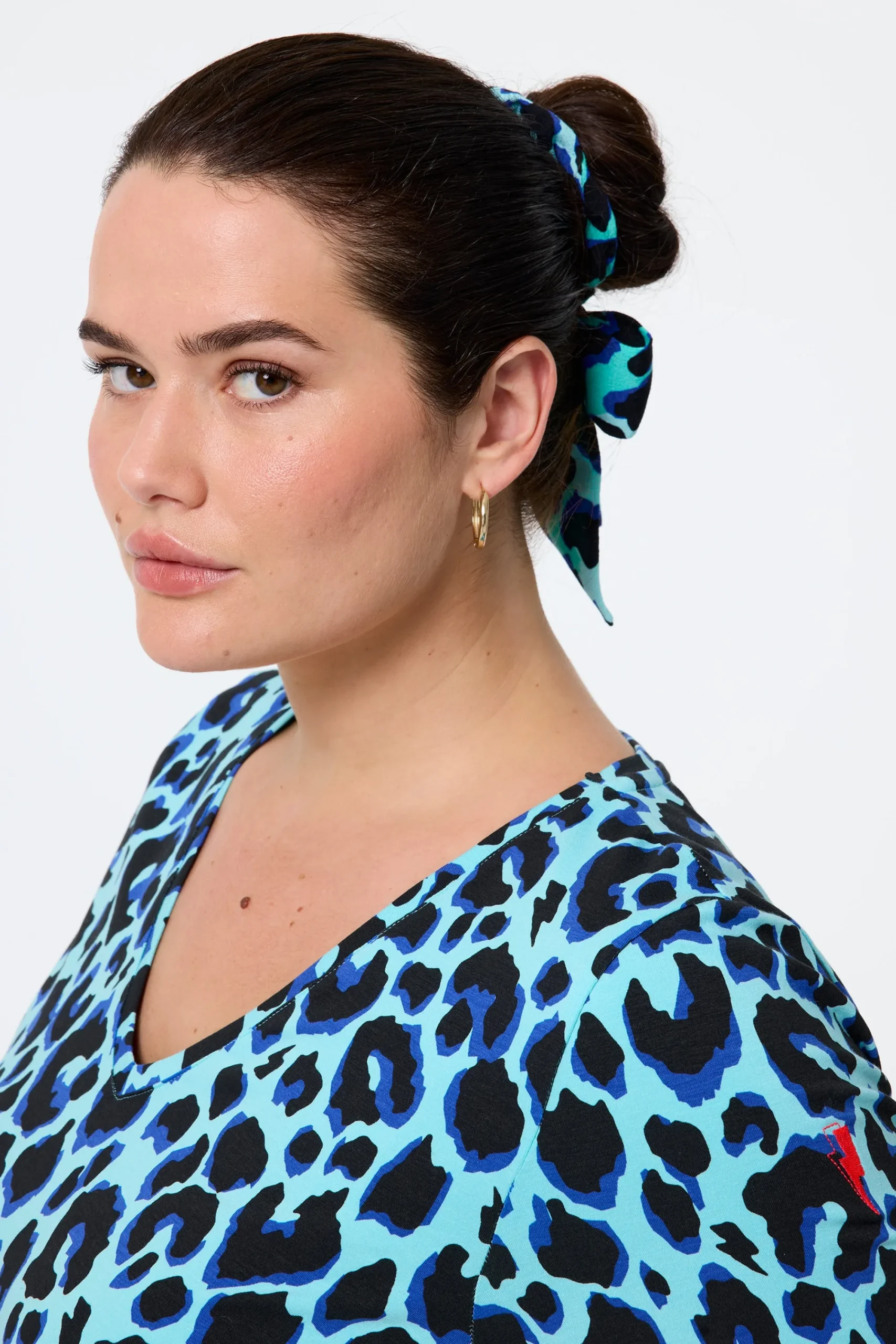 Women Scamp & Dude Turquoise with Black and Blue Shadow Leopard Surplus Fabric Bow Scrunchie