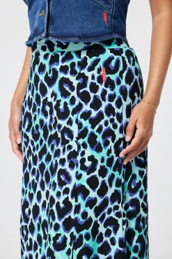 Women Scamp & Dude Turquoise with Black and Blue Shadow Leopard Split Front Skirt