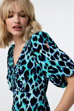 Women Scamp & Dude Turquoise with Black and Blue Shadow Leopard Puff Sleeve Short Tea Dress