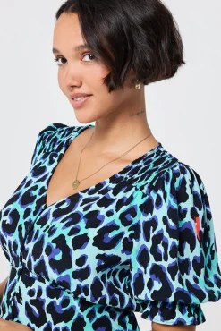 Women Scamp & Dude Turquoise with Black and Blue Shadow Leopard Button Through Blouse