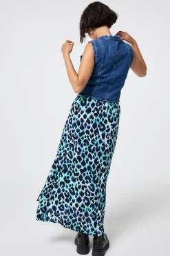 Women Scamp & Dude Turquoise with Black and Blue Shadow Leopard Split Front Skirt