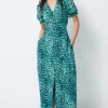 Women Scamp & Dude Turquoise with Black Leopard Flute Sleeve Midi Tea Dress