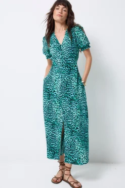 Women Scamp & Dude Turquoise with Black Leopard Flute Sleeve Midi Tea Dress